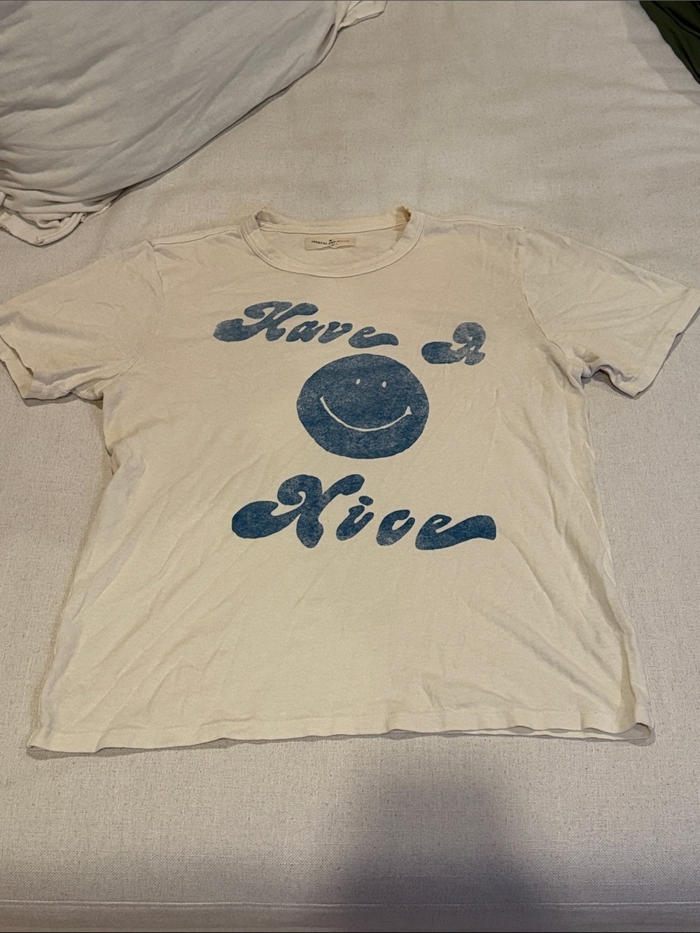 imogene + willie Cream Short-Sleeve Tee with Faded Blue Smiley Graphic